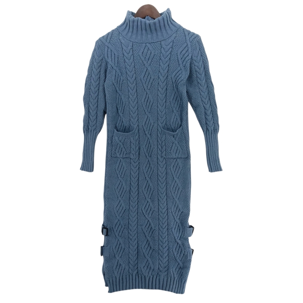 Cozy Blue Cable Knit Turtleneck Sweater Maxi Dress with Buckles Ribbed Sleeves S